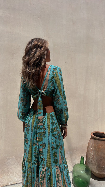 Boho Cut-Out Tie Back Maxi Dresses in Turquoise