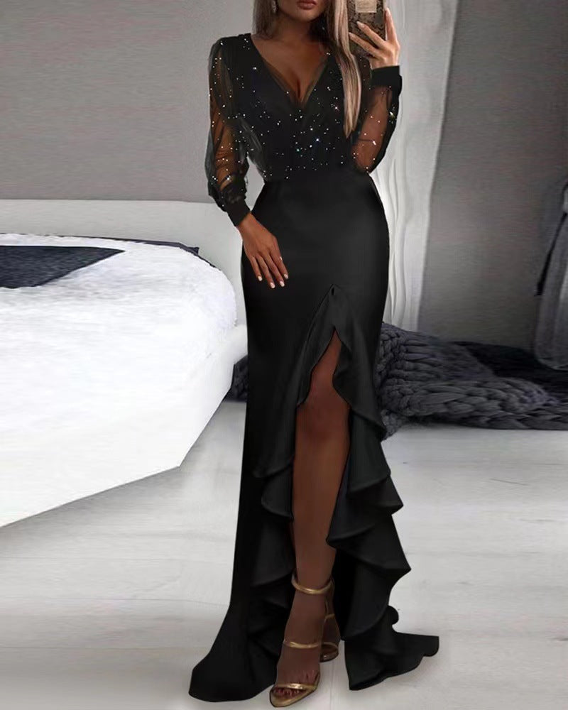 Sexy langes Kleid mit Netzstoff und Pailletten 