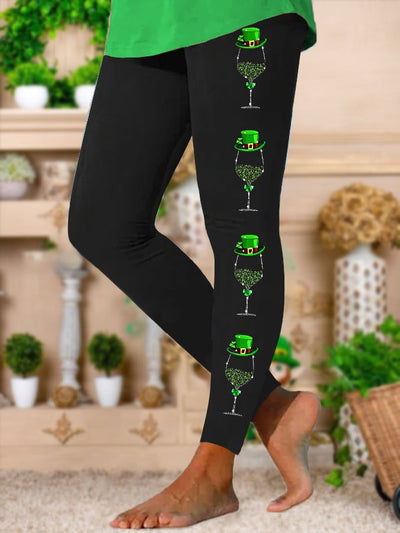 Stretch-Leggings für Damen mit Glitzer-Weinglas-Print zum St. Patrick's Day 