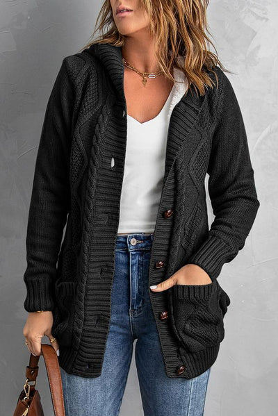 Buttoned Hooded Open Front Knitted Sweater