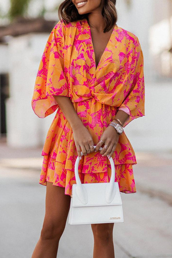 Printed Doll Sleeves Mini Dress