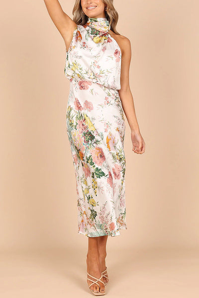 Temperament hanging neck printed satin dress