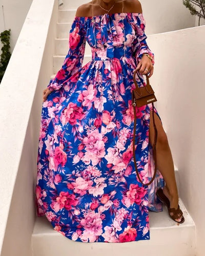 Stylish One-Line Neck Long-Sleeve Printed Slit Dress