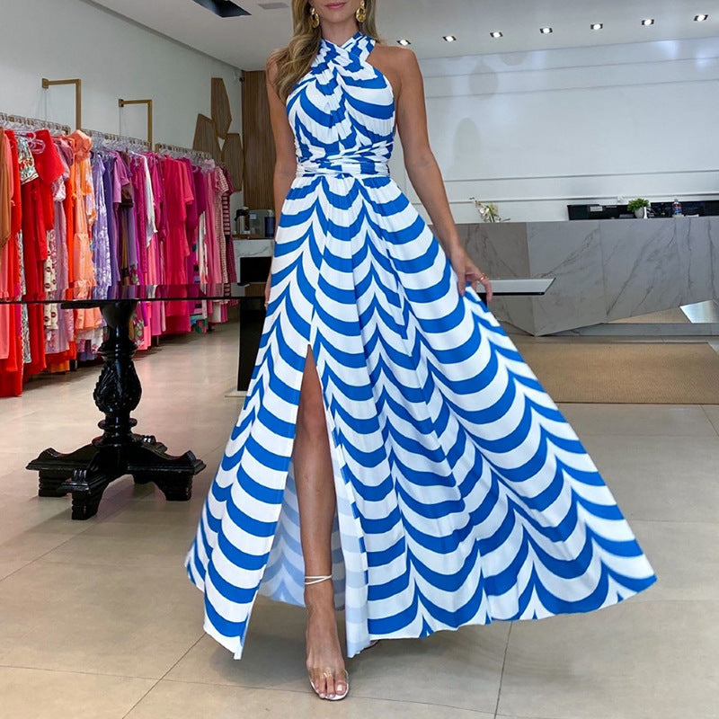 Sweet Striped Halter Slit Resort Dress