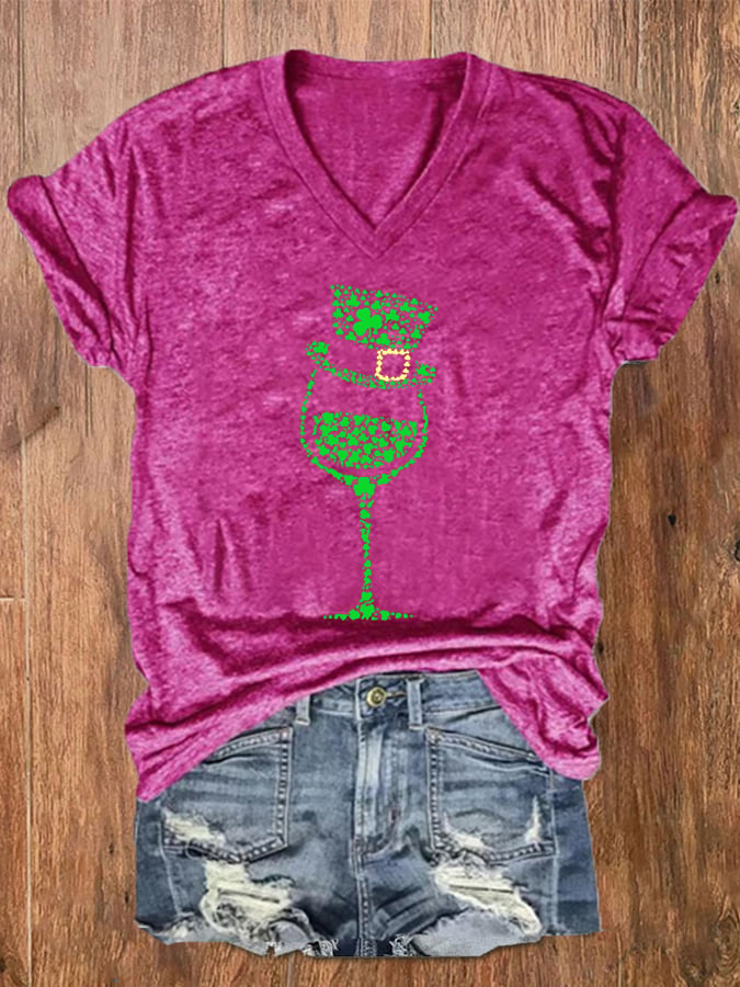 Women's St Patrick’s Day Shamrock Wine Glass Print V-Neck T-Shirt