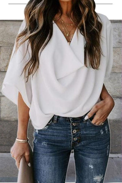 Solid Draped V-neck Half Sleeves Casual Blouse