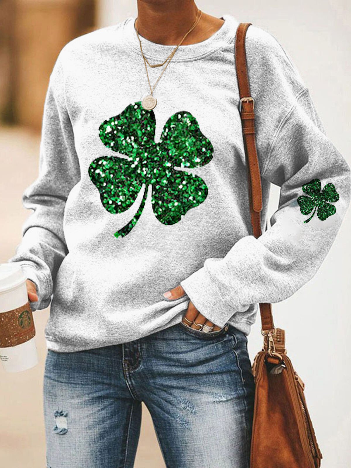 Women's St.Patrick's Day Glitter Shamrock Print Casual Sweatshirt