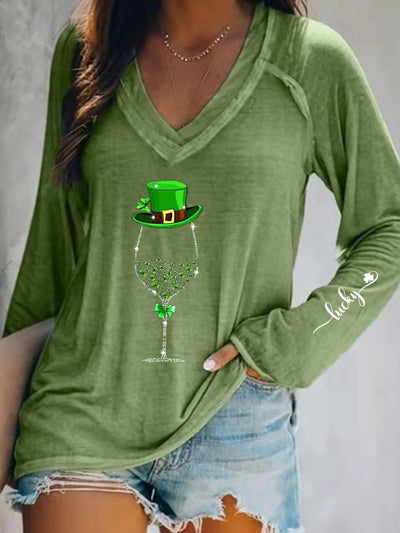 Damen St. Patrick's Day Glänzendes Weinglas Glückskleeblatt Langarm T-Shirt 