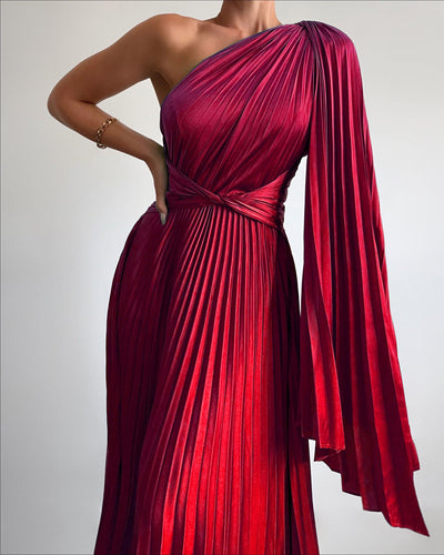 One-shoulder pleated satin dress