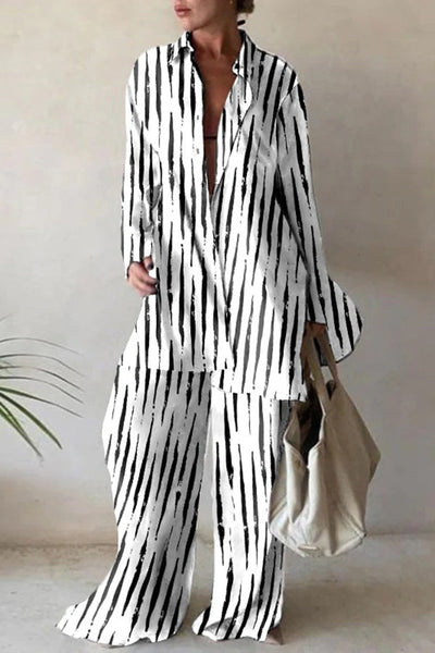 Fashion Print Loose Long Sleeve Shirt + Straight Pants Two Piece Set