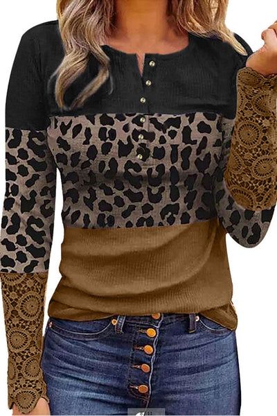 Leopard Round Neckline Long Sleeve Blouses