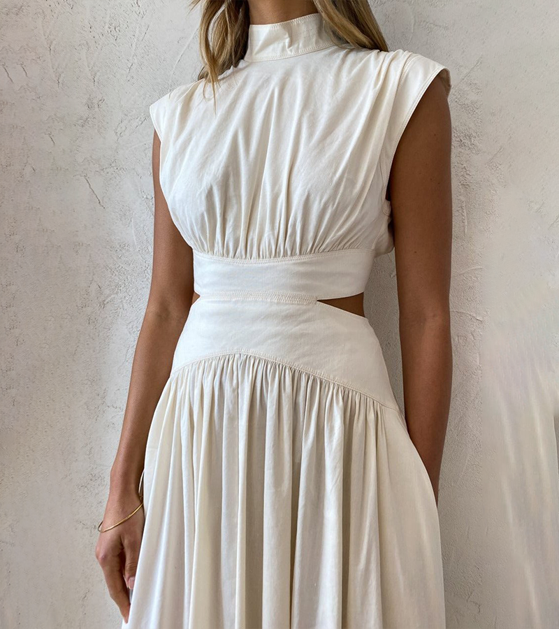 Robe longue chic à col montant, sans manches, taille sexy 