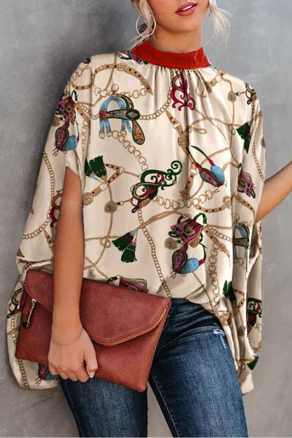 New Printed Crew Neck Bat Shirt Short Sleeve Loose Top