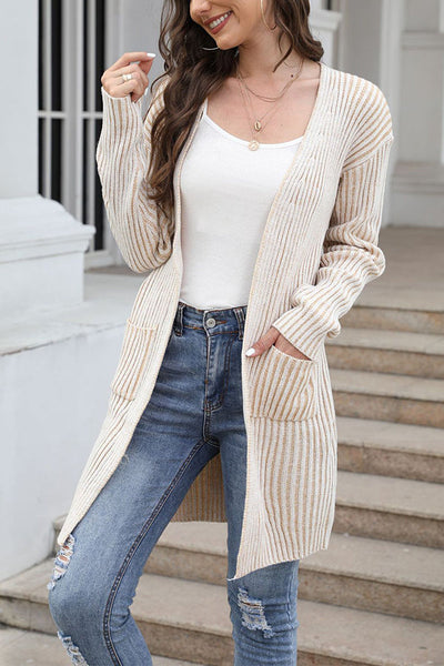 Cardigan côtelé avec poche pour femme, manteau tricoté de couleur unie