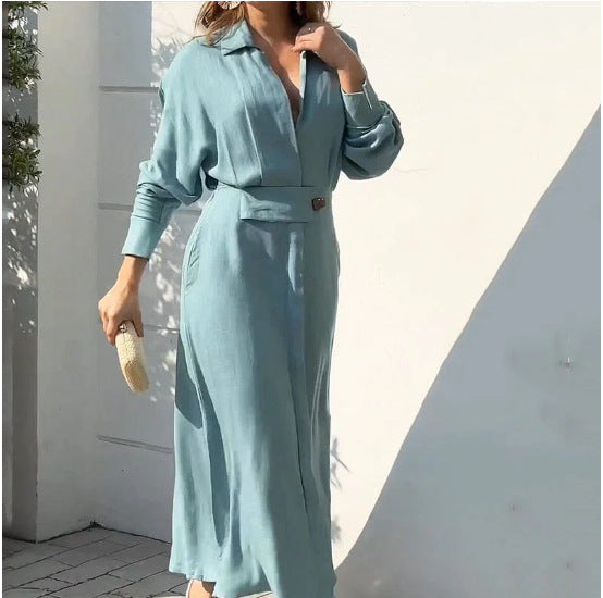 Casual Lapel Long Sleeves Solid Color Dress