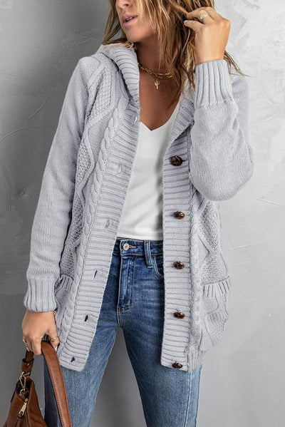 Buttoned Hooded Open Front Knitted Sweater