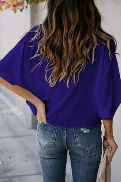 Solid Draped V-neck Half Sleeves Casual Blouse