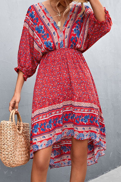 V-Neck Positioned Floral Irregular Backless Dress