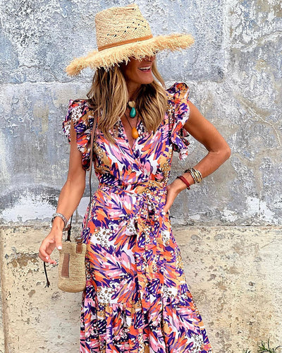 Summer casual printed V-neck swing dress