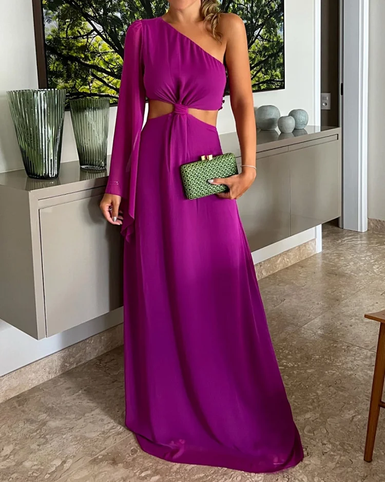 One Shoulder Chiffon Sexy Waist Maxi Dress