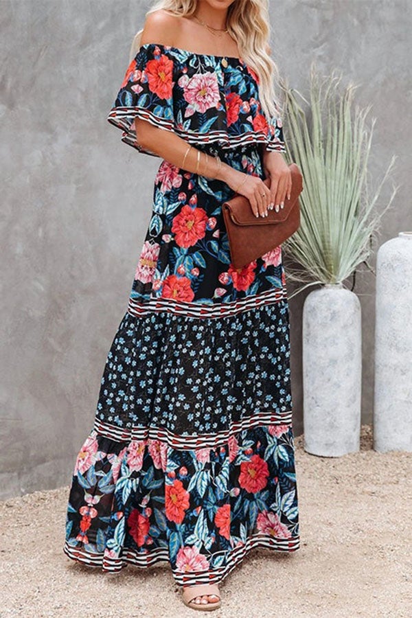 Ruffle Off Shoulder Tie Waist Printed Maxi Dress