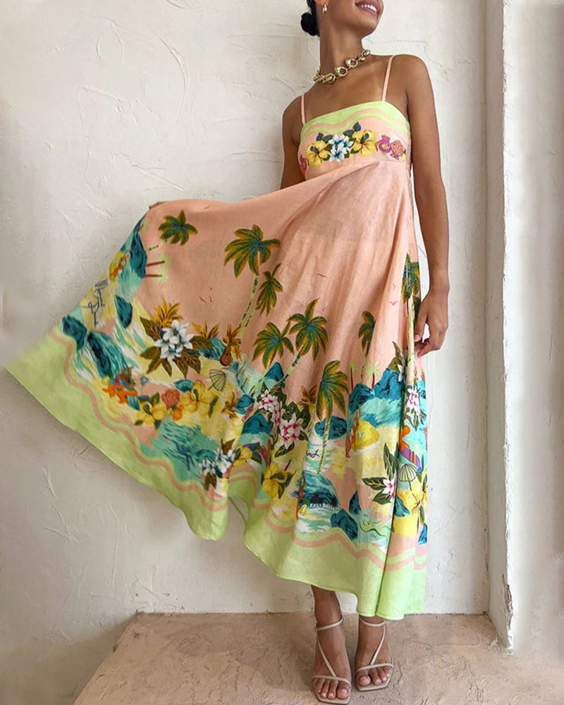 Sommerkleid mit hoher Taille und Sling-Print, lässiges Urlaubskleid 