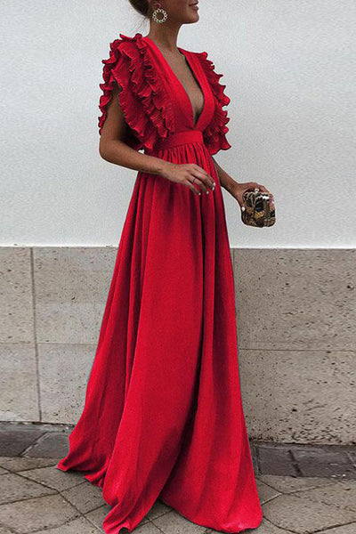 Elegant V-neck Frill High Waist Maxi Dress