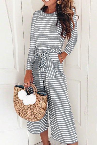 Bohemian Lace-Up Striped One-piece Jumpsuit