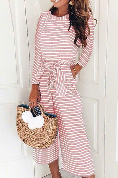 Bohemian Lace-Up Striped One-piece Jumpsuit