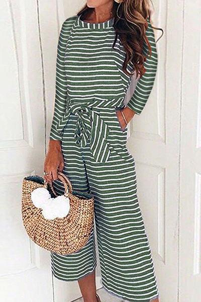 Bohemian Lace-Up Striped One-piece Jumpsuit