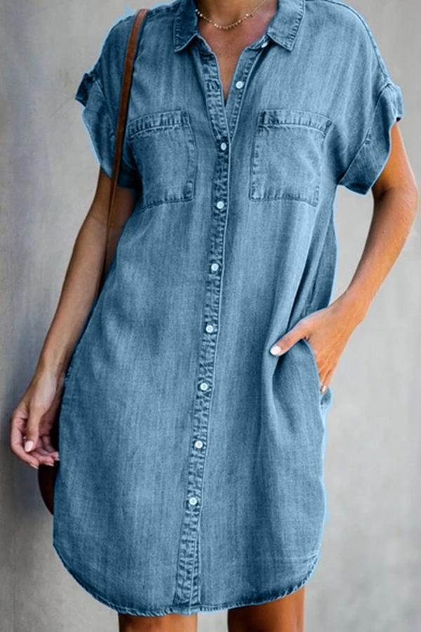 Buttoned Short Sleeve Denim Mini Dress