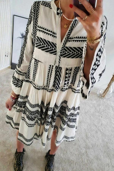 Geometric Printed V-neck Loose Mini Dress (3 Colors)