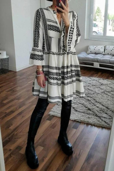 Geometric Printed V-neck Loose Mini Dress (3 Colors)