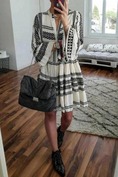 Geometric Printed V-neck Loose Mini Dress (3 Colors)