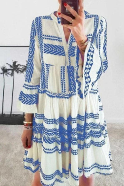 Geometric Printed V-neck Loose Mini Dress (3 Colors)