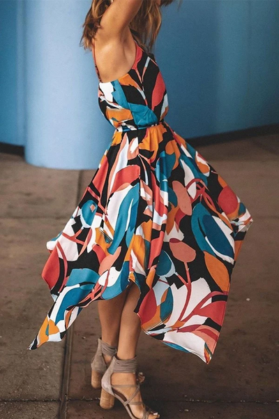 Robe midi multicolore imprimée à bretelles spaghetti (non élastique)