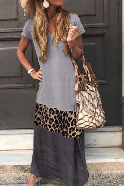 Leopard Printed Contrasted V-neck Maxi Dress (4 Colors)