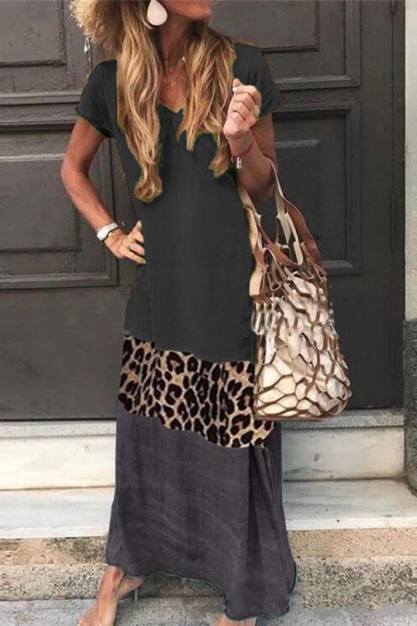 Leopard Printed Contrasted V-neck Maxi Dress (4 Colors)