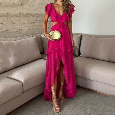 Ruffled Sleeve V Neck Open Waist Chiffon Party Evening Dress