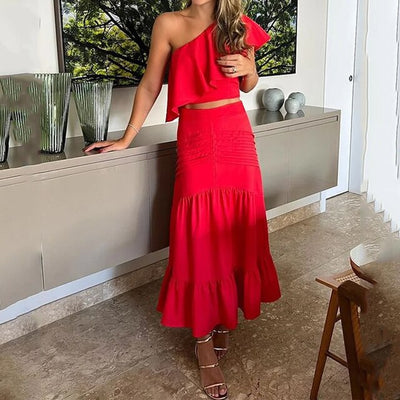 Casual One Shoulder Ruffled Hem Two Piece Set