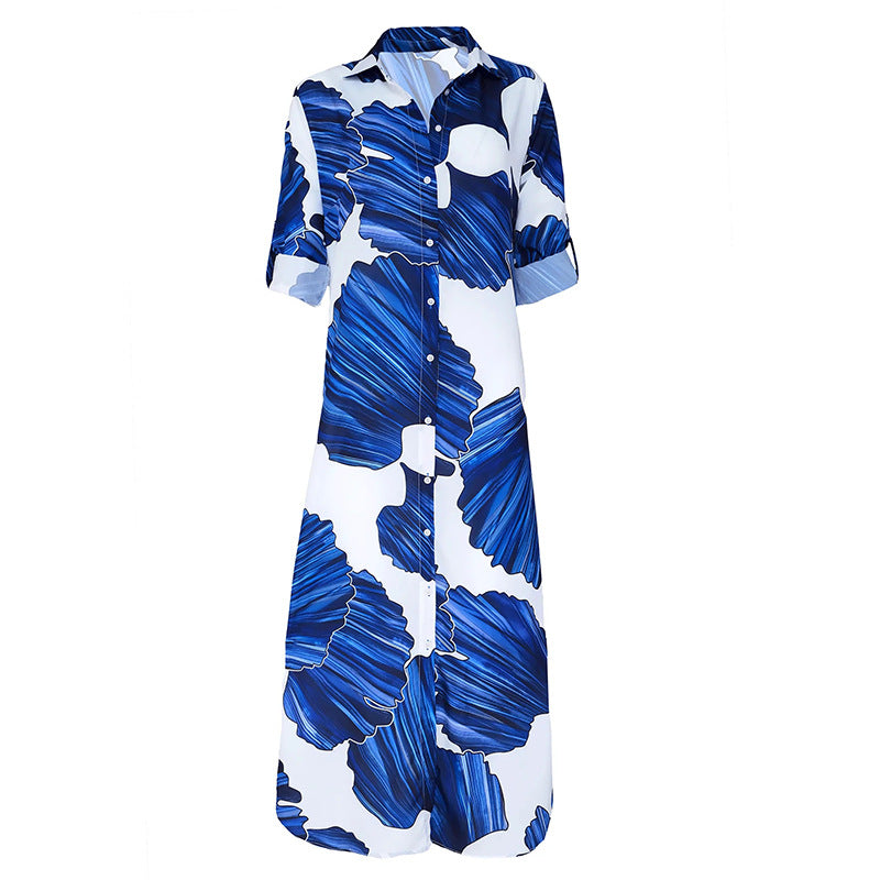 Hemdblusenkleid mit Knopfleiste und Sommerpflanzen-Print