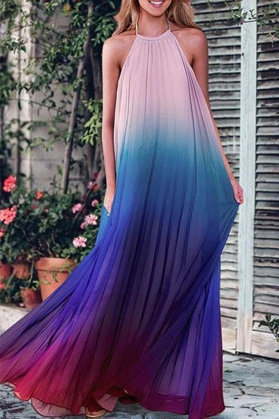 Gradient Halter Neck Chiffon Long Maxi Dress