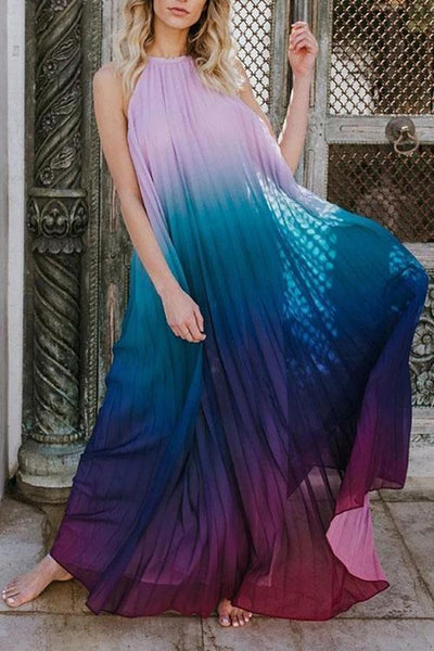 Gradient Halter Neck Chiffon Long Maxi Dress