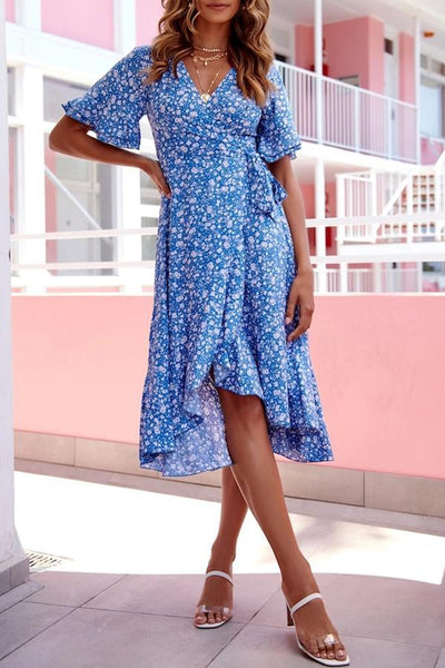 Girly V-neck Ruffle Sleeve Floral Midi Dress