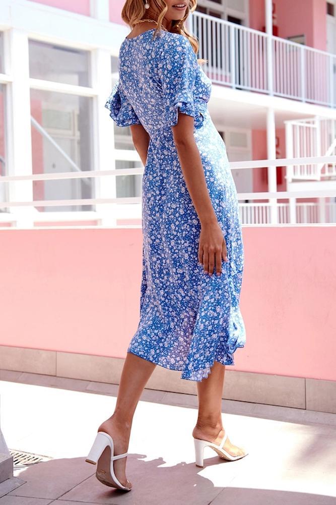 Girly V-neck Ruffle Sleeve Floral Midi Dress