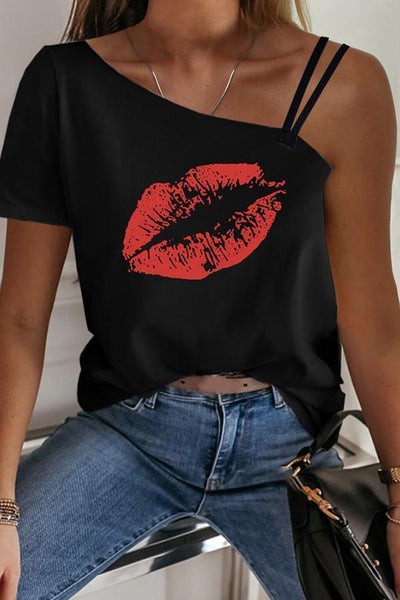 Stilvolles One-Shoulder-T-Shirt mit Lippenaufdruck (2 Farben)