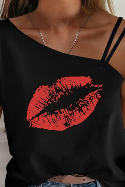 Stilvolles One-Shoulder-T-Shirt mit Lippenaufdruck (2 Farben)