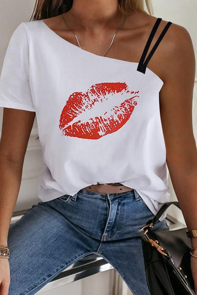 Stilvolles One-Shoulder-T-Shirt mit Lippenaufdruck (2 Farben)