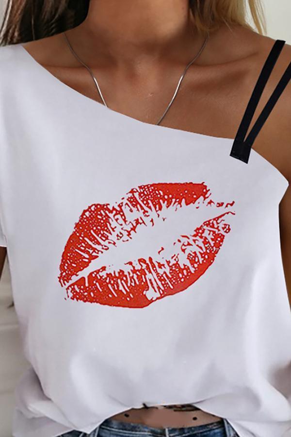Stylish Lip Printed One Shoulder T-shirt (2 Colors)