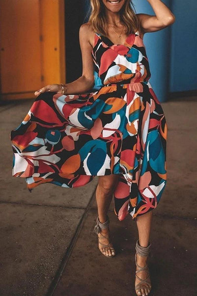 Robe midi multicolore imprimée à bretelles spaghetti (non élastique)